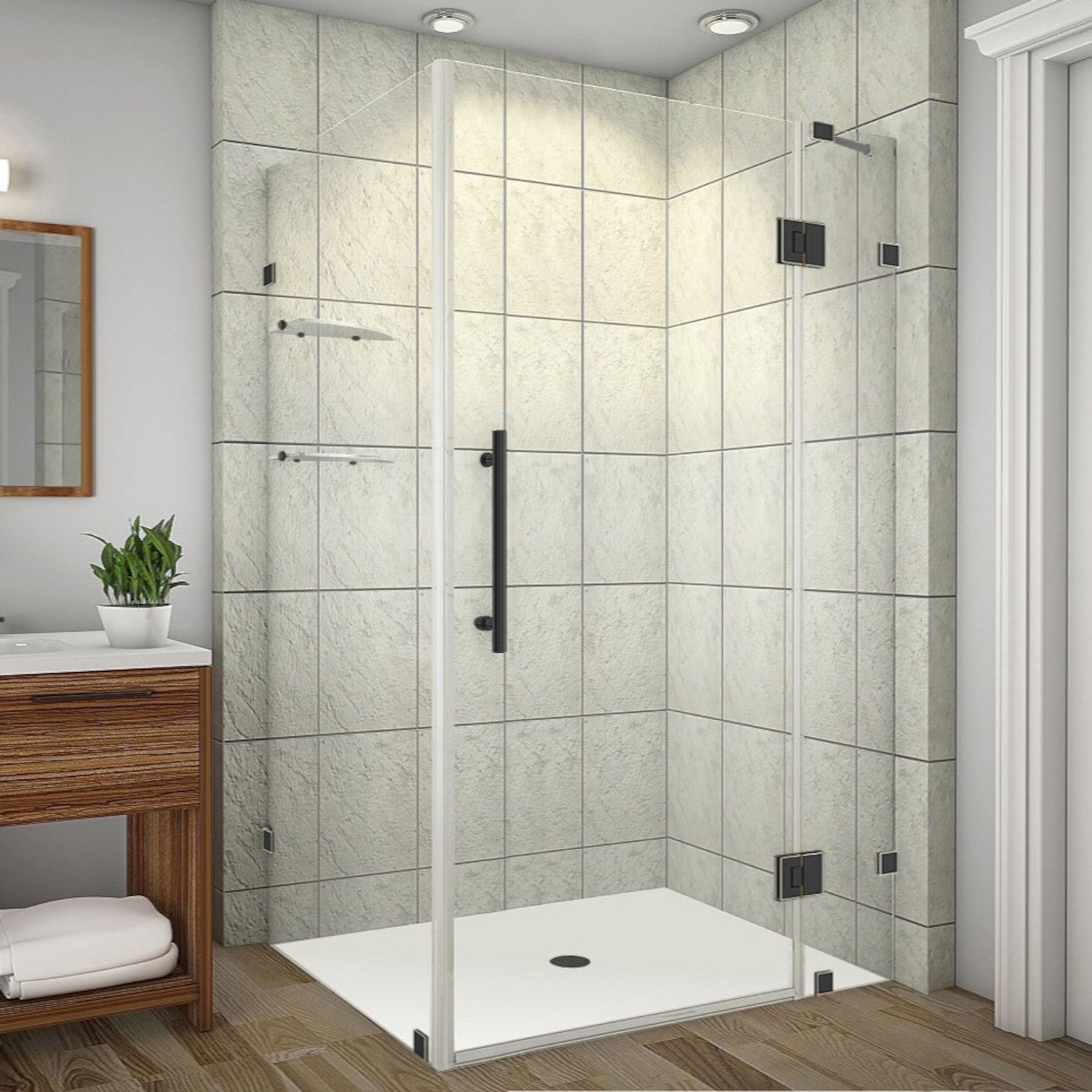 Avalux GS 45 in. W x 34 in. D x 72 in. H Frameless Hinged Shower Enclosure with Clear Glass and Glass Shelves in Oil Rubbed Bronze 1