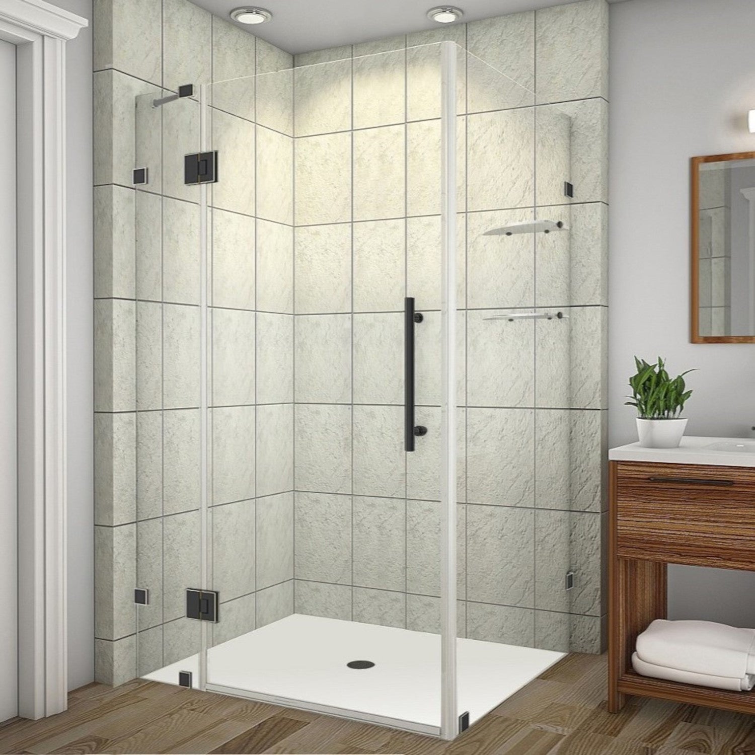 Avalux GS 47 in. W x 32 in. D x 72 in. H Frameless Hinged Shower Enclosure with Clear Glass and Glass Shelves in Oil Rubbed Bronze 2