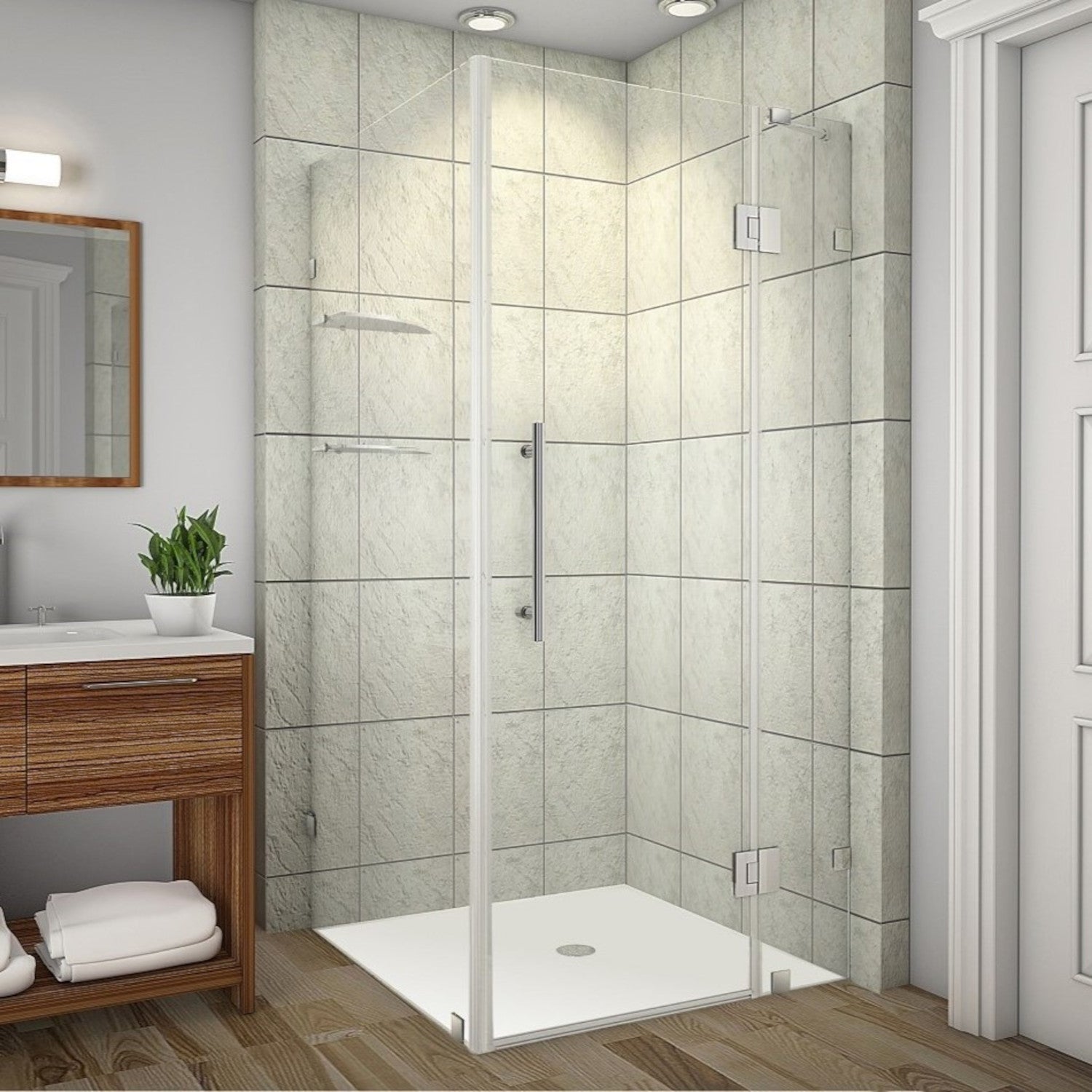 Avalux GS 32 in. W x 32 in. D x 72 in. H Frameless Hinged Shower Enclosure with Clear Glass and Glass Shelves in Stainless Steel 1