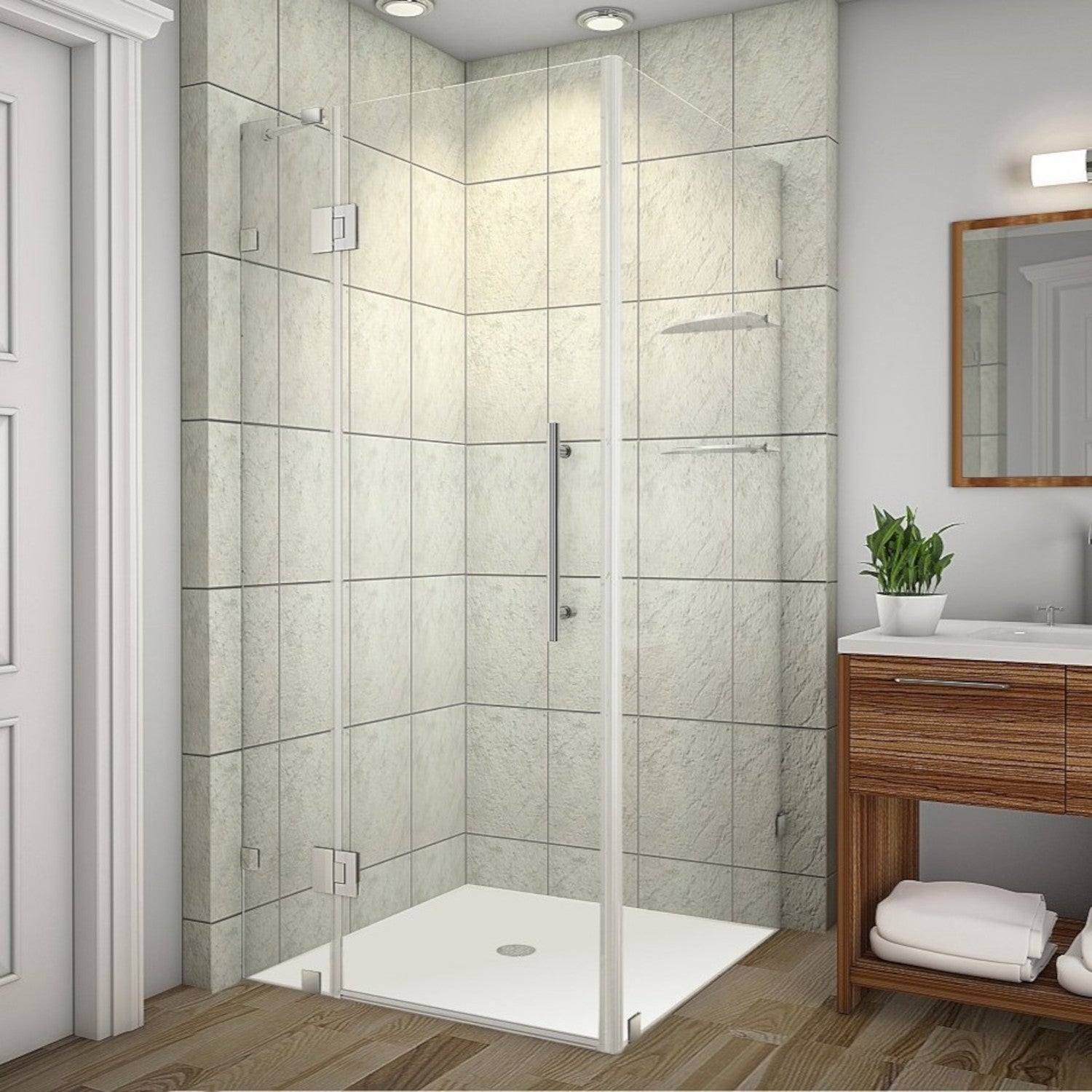 Avalux GS 37 in. W x 32 in. D x 72 in. H Frameless Hinged Shower Enclosure with Clear Glass and Glass Shelves in Stainless Steel 2