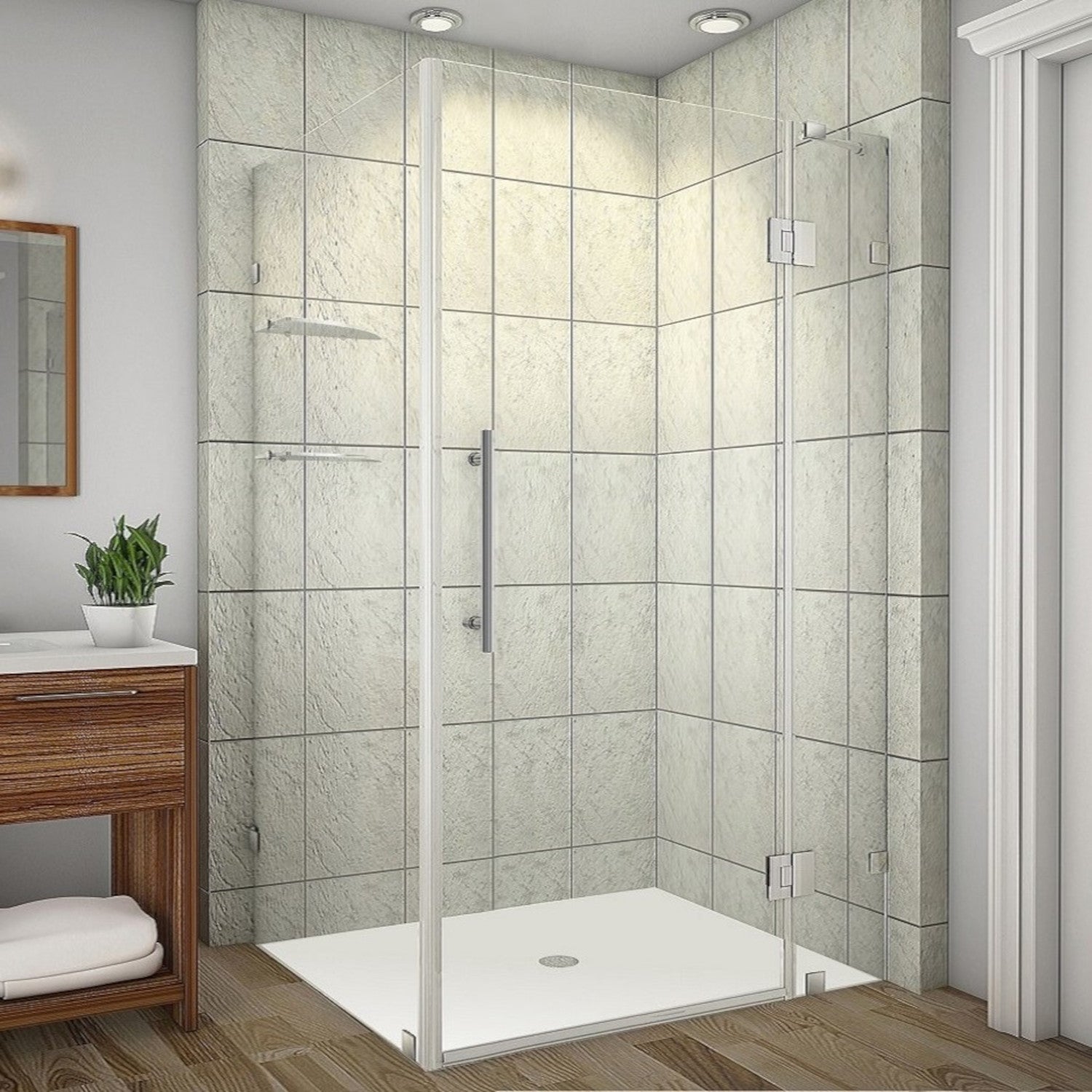 Avalux GS 47 in. W x 34 in. D x 72 in. H Frameless Hinged Shower Enclosure with Clear Glass and Glass Shelves in Stainless Steel 1