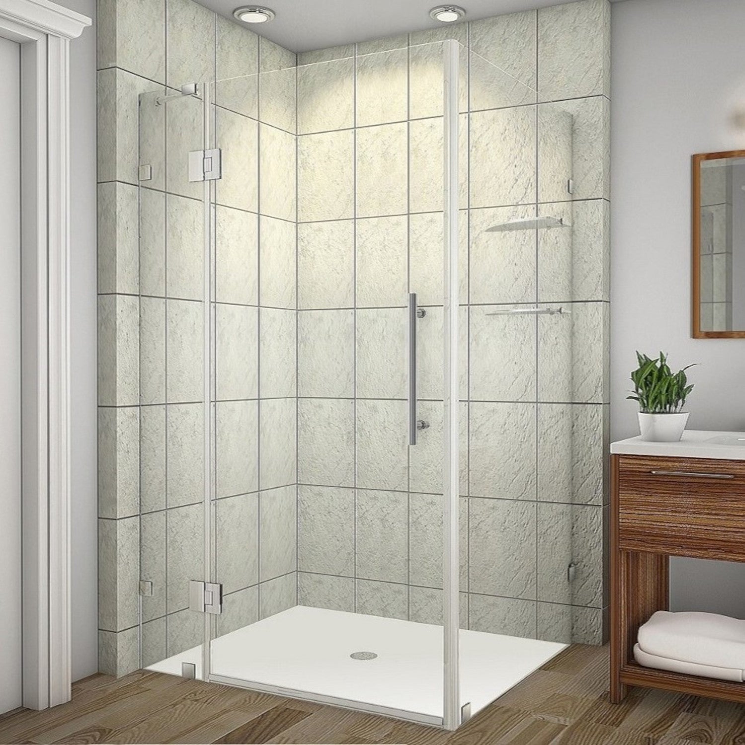 Avalux GS 46 in. W x 34 in. D x 72 in. H Frameless Hinged Shower Enclosure with Clear Glass and Glass Shelves in Stainless Steel 2