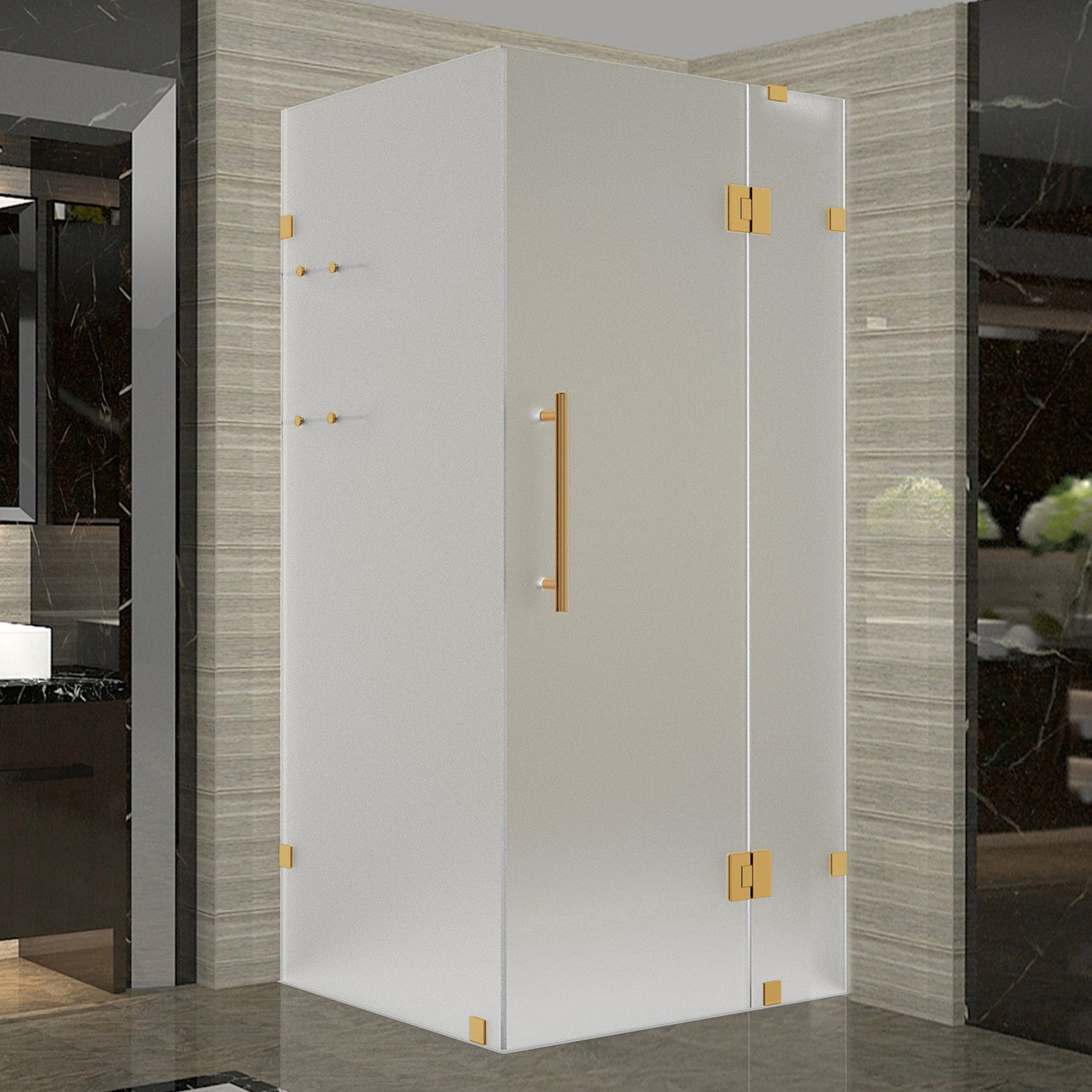 Avalux GS 39 in. W x 38 in. D x 72 in. H Frameless Hinged Shower Enclosure with Frosted Glass and Glass Shelves in Brushed Gold 1