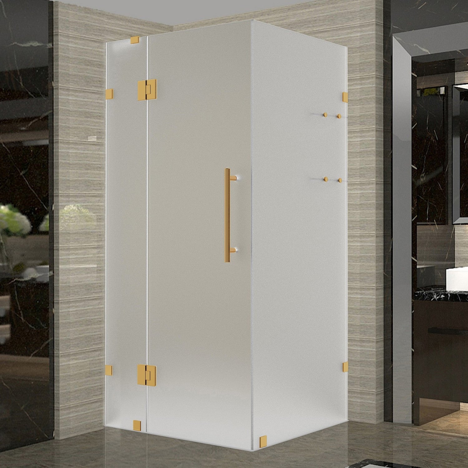 Avalux GS 32 in. W x 34 in. D x 72 in. H Frameless Hinged Shower Enclosure with Frosted Glass and Glass Shelves in Brushed Gold 2