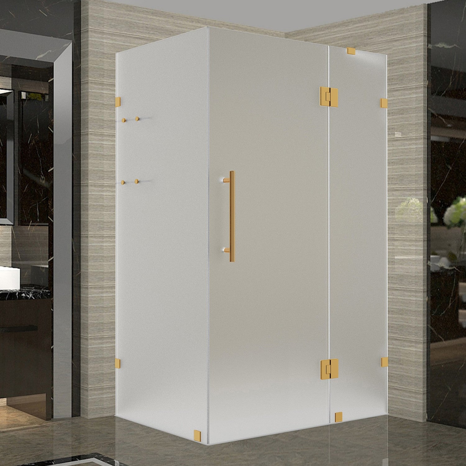 Avalux GS 47 in. W x 30 in. D x 72 in. H Frameless Hinged Shower Enclosure with Frosted Glass and Glass Shelves in Brushed Gold 1