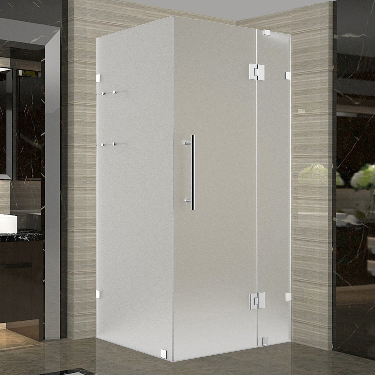 Avalux GS 32 in. W x 32 in. D x 72 in. H Frameless Hinged Shower Enclosure with Frosted Glass and Glass Shelves in Chrome 1