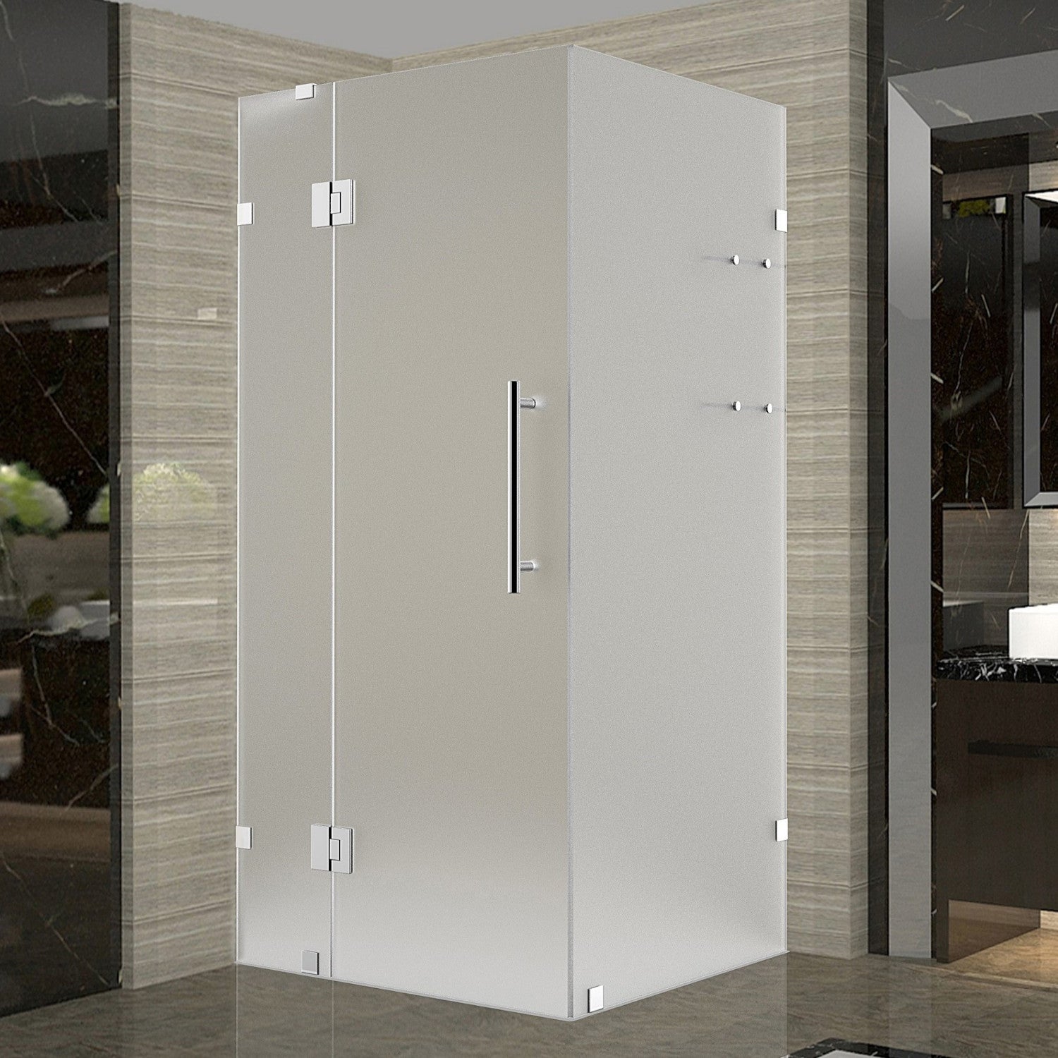 Avalux GS 33 in. W x 34 in. D x 72 in. H Frameless Hinged Shower Enclosure with Frosted Glass and Glass Shelves in Chrome 2
