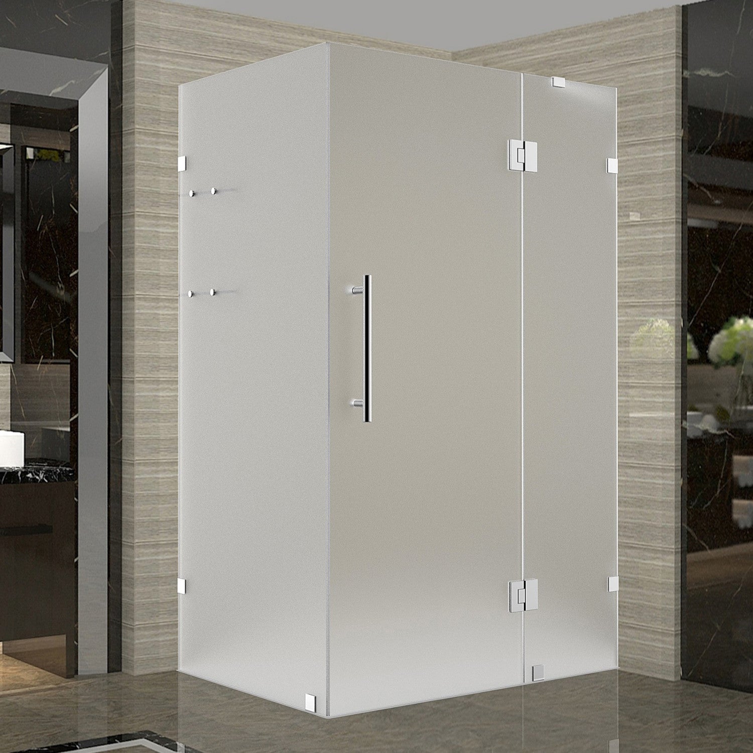 Avalux GS 45 in. W x 34 in. D x 72 in. H Frameless Hinged Shower Enclosure with Frosted Glass and Glass Shelves in Chrome 1