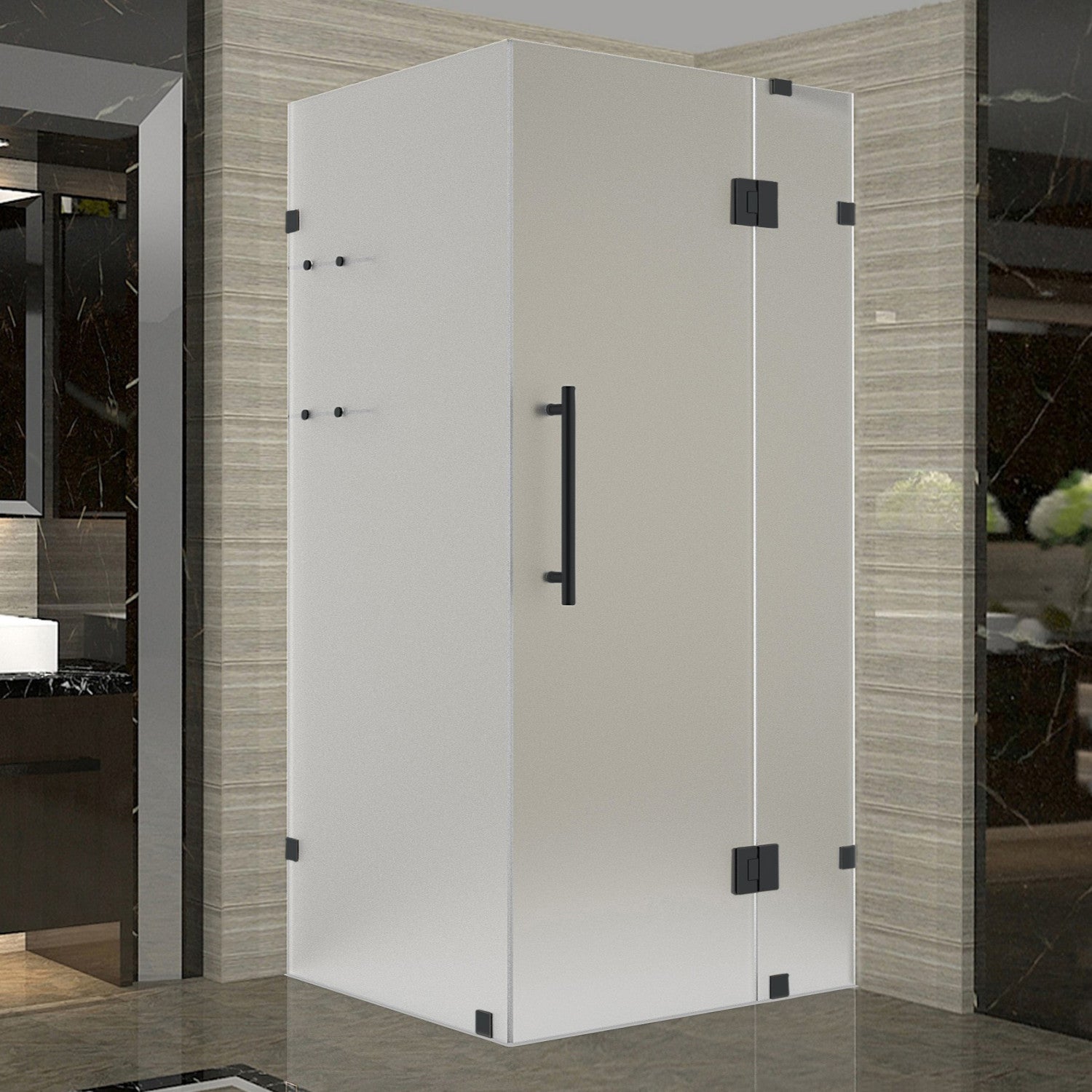 Avalux GS 32 in. W x 32 in. D x 72 in. H Frameless Hinged Shower Enclosure with Frosted Glass and Glass Shelves in Matte Black 1