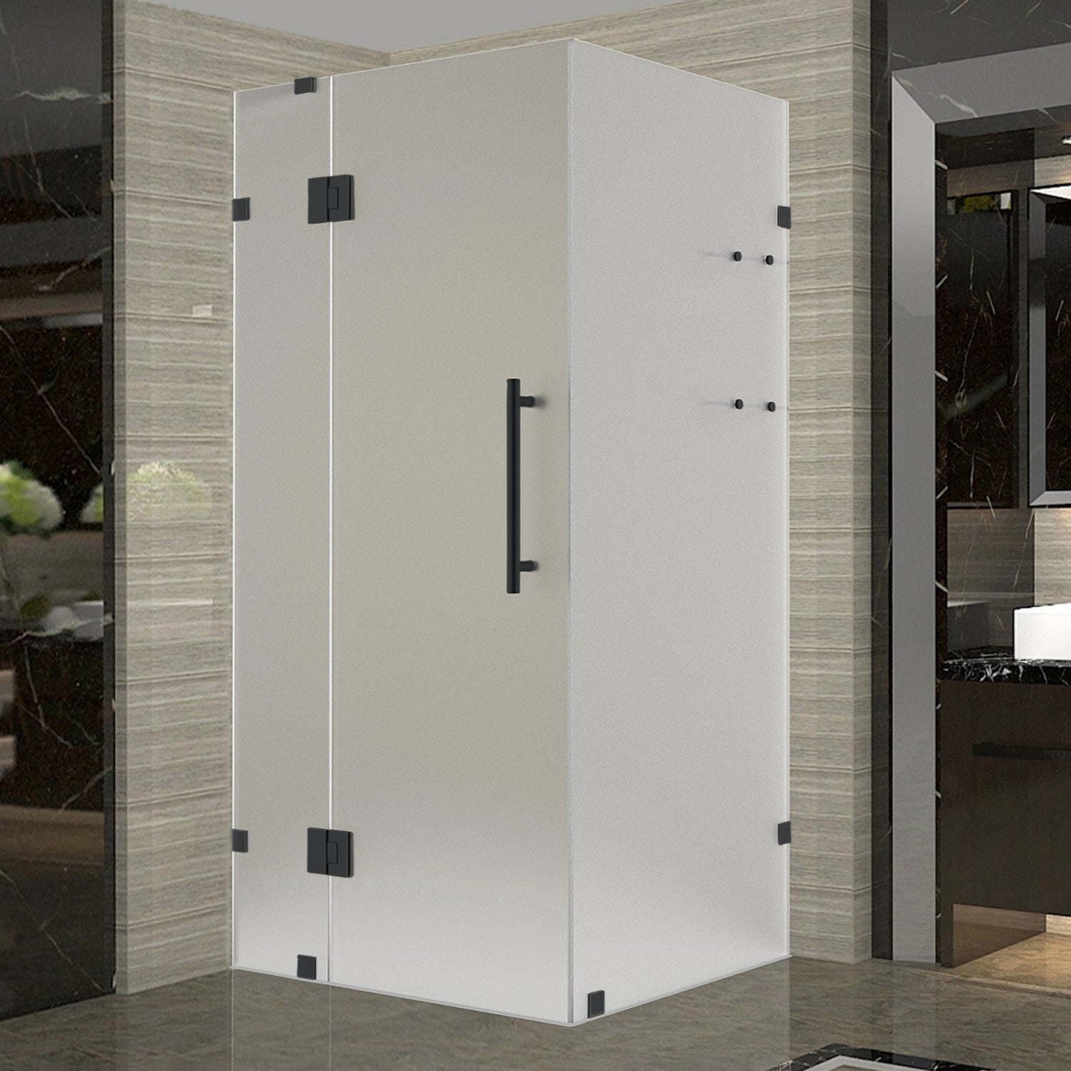Avalux GS 32 in. W x 32 in. D x 72 in. H Frameless Hinged Shower Enclosure with Frosted Glass and Glass Shelves in Matte Black 2