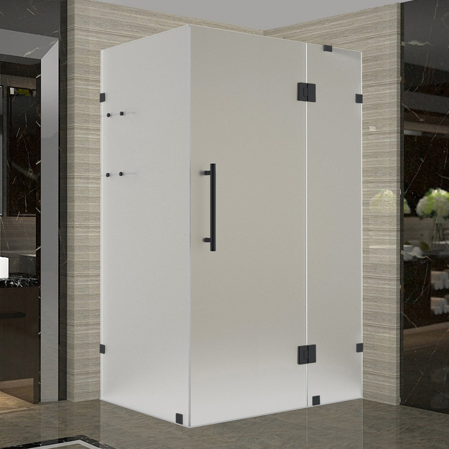 Avalux GS 45 in. W x 30 in. D x 72 in. H Frameless Hinged Shower Enclosure with Frosted Glass and Glass Shelves in Matte Black 1