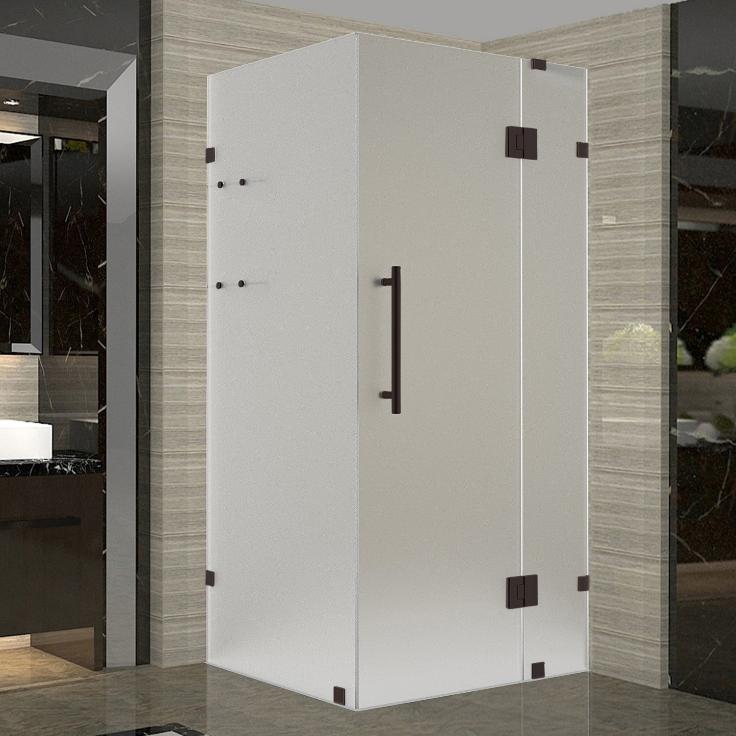 Avalux GS 32 in. W x 32 in. D x 72 in. H Frameless Hinged Shower Enclosure with Frosted Glass and Glass Shelves in Bronze 1