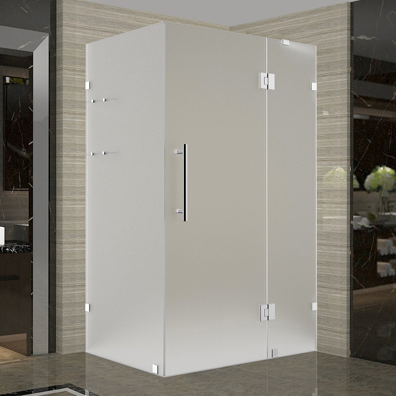 Avalux GS 42 in. W x 36 in. D x 72 in. H Frameless Hinged Shower Enclosure with Frosted Glass and Glass Shelves in Stainless Steel 1