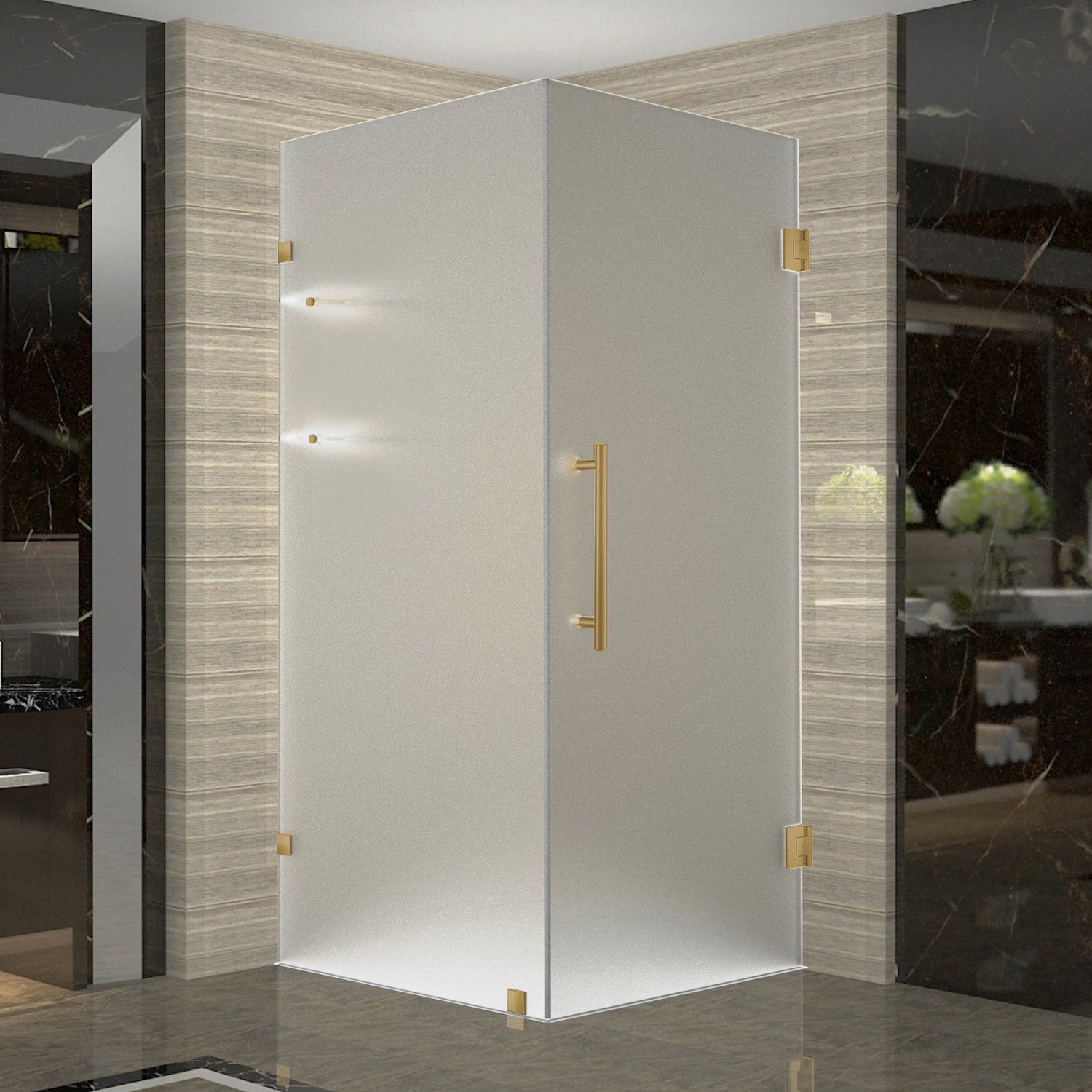 Aquadica GS 34 in. W x 34 in. D x 72 in. H Frameless Hinged Shower Enclosure with Frosted Glass and Glass Shelves in Brushed Gold 1