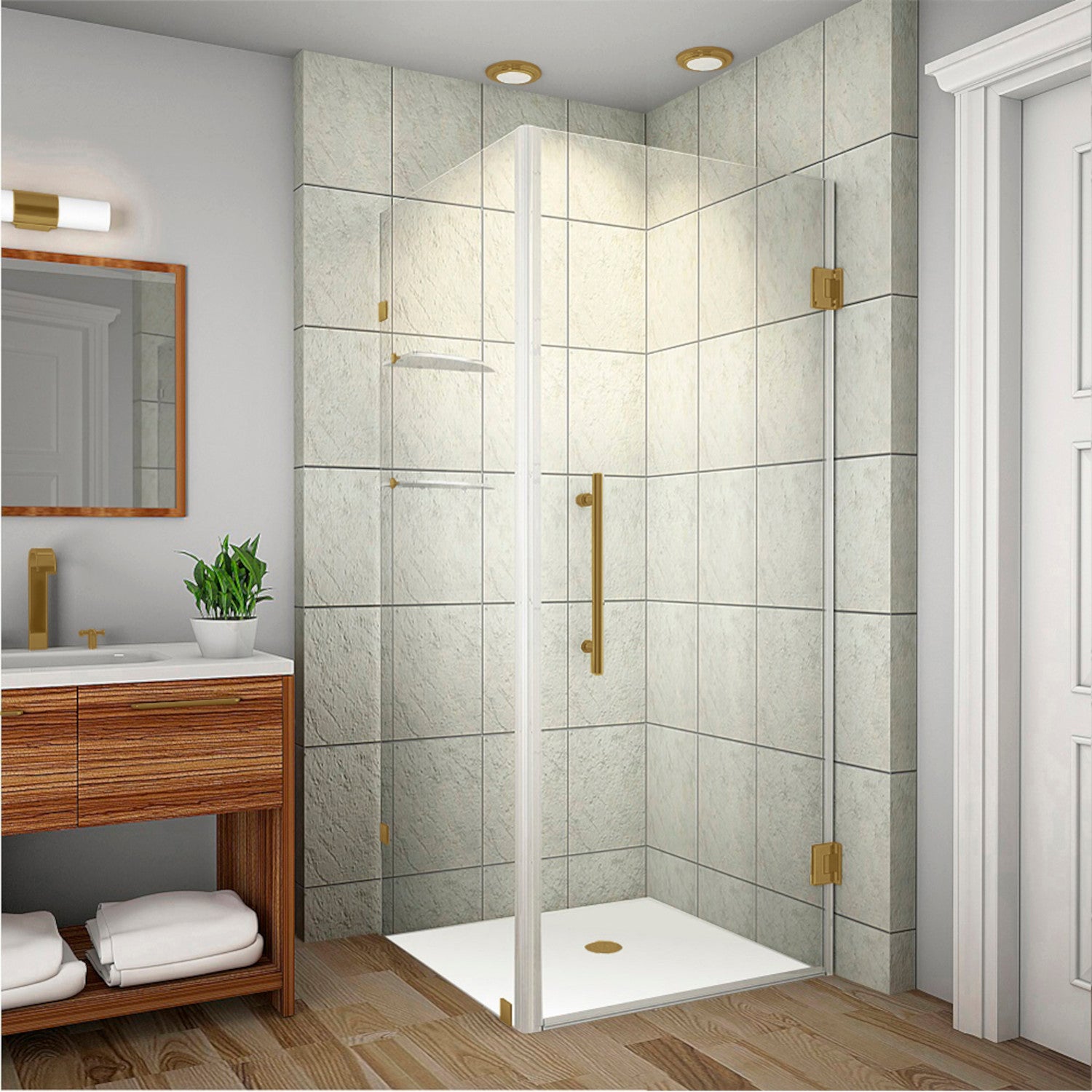 Aquadica GS 32 in. W x 32 in. D x 72 in. H Frameless Hinged Shower Enclosure with Clear Glass and Glass Shelves in Brushed Gold 1