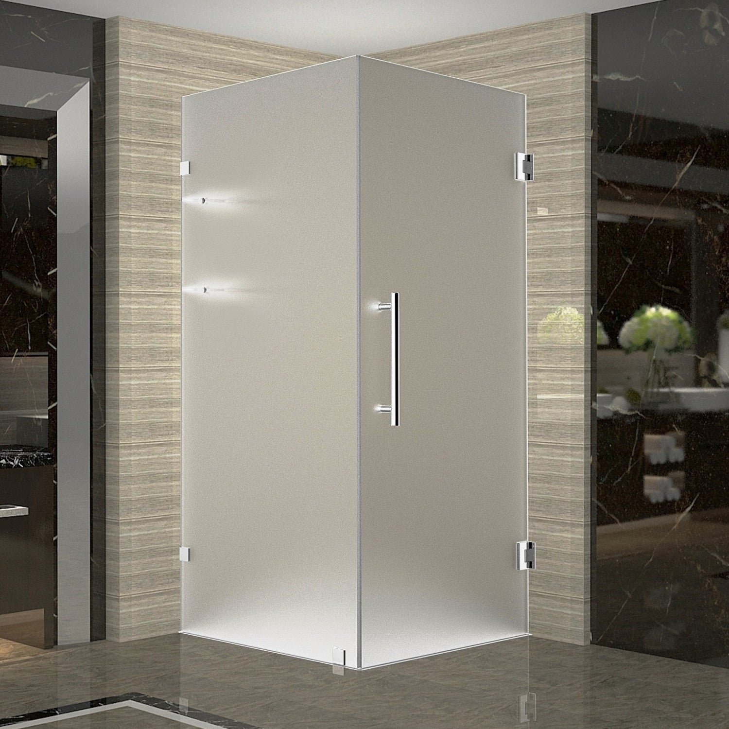 Aquadica GS 32 in. W x 32 in. D x 72 in. H Frameless Hinged Shower Enclosure with Frosted Glass and Glass Shelves in Chrome 1