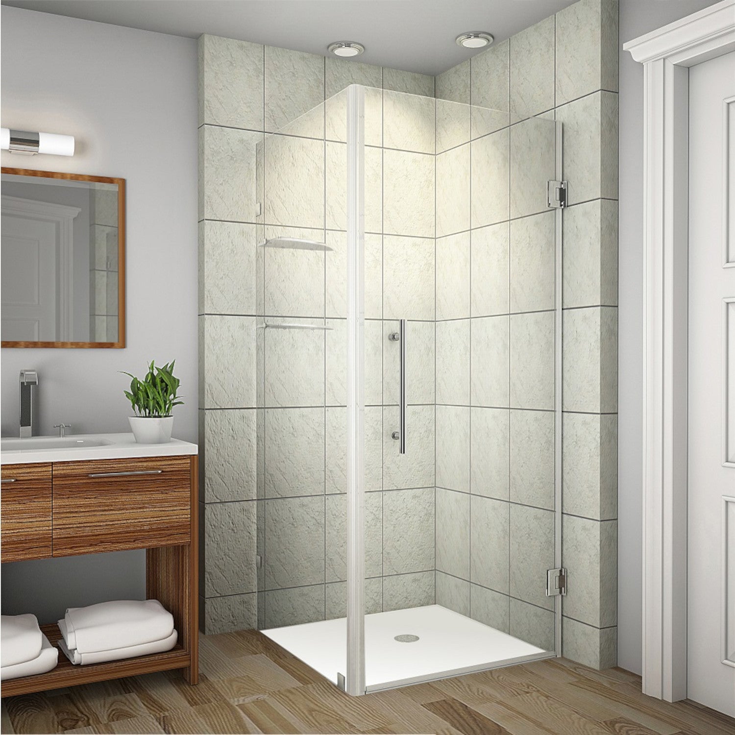Aquadica GS 32 in. W x 32 in. D x 72 in. H Frameless Hinged Shower Enclosure with Clear Glass and Glass Shelves in Chrome 1