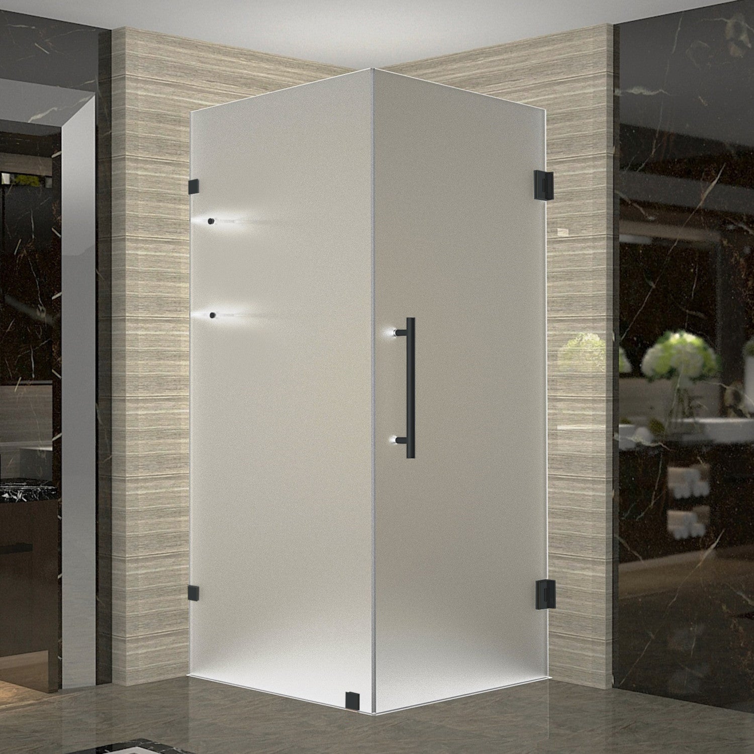 Aquadica GS 32 in. W x 32 in. D x 72 in. H Frameless Hinged Shower Enclosure with Frosted Glass and Glass Shelves in Matte Black 1
