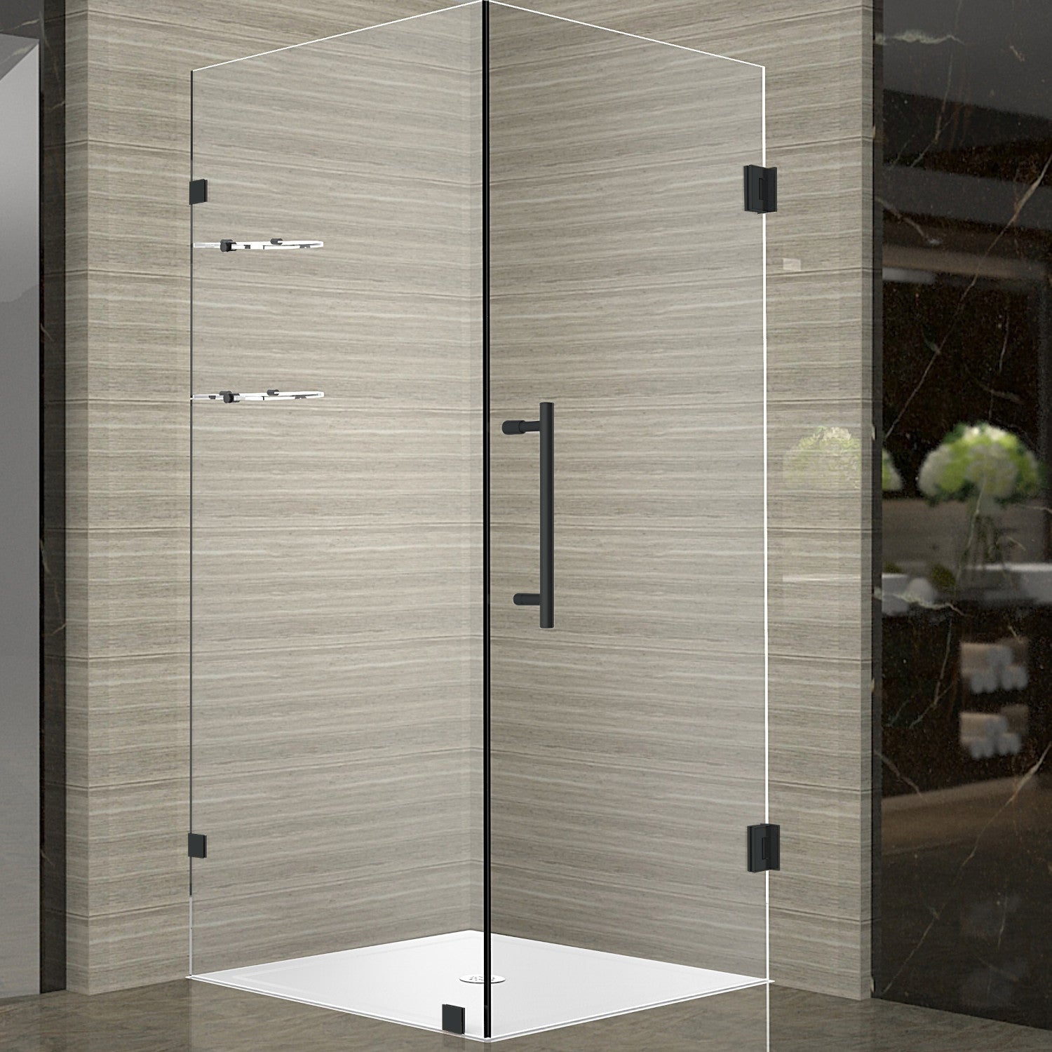 Aquadica GS 32 in. W x 32 in. D x 72 in. H Frameless Hinged Shower Enclosure with Clear Glass and Glass Shelves in Matte Black 1
