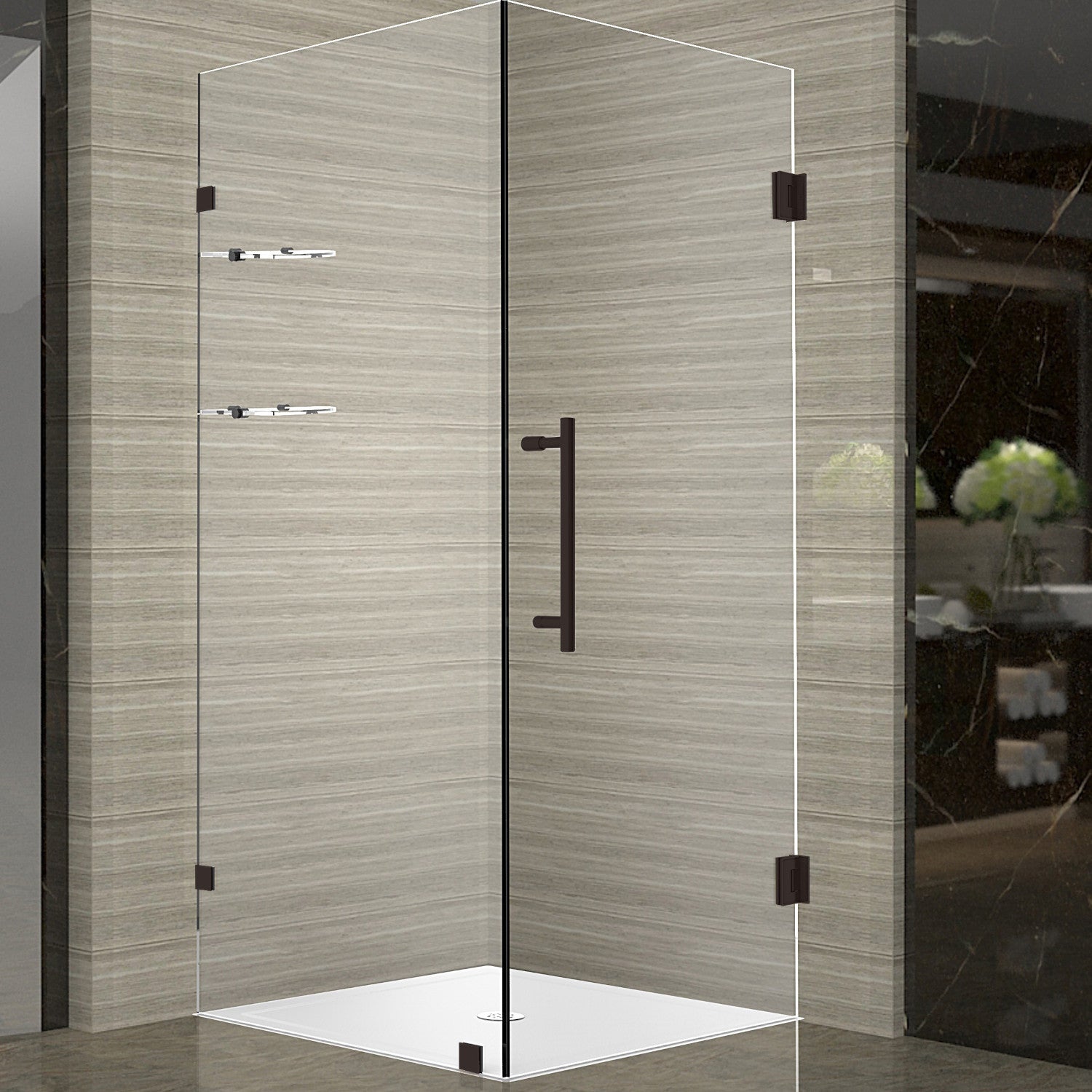 Aquadica GS 32 in. W x 32 in. D x 72 in. H Frameless Hinged Shower Enclosure with Clear Glass and Glass Shelves in Bronze 1