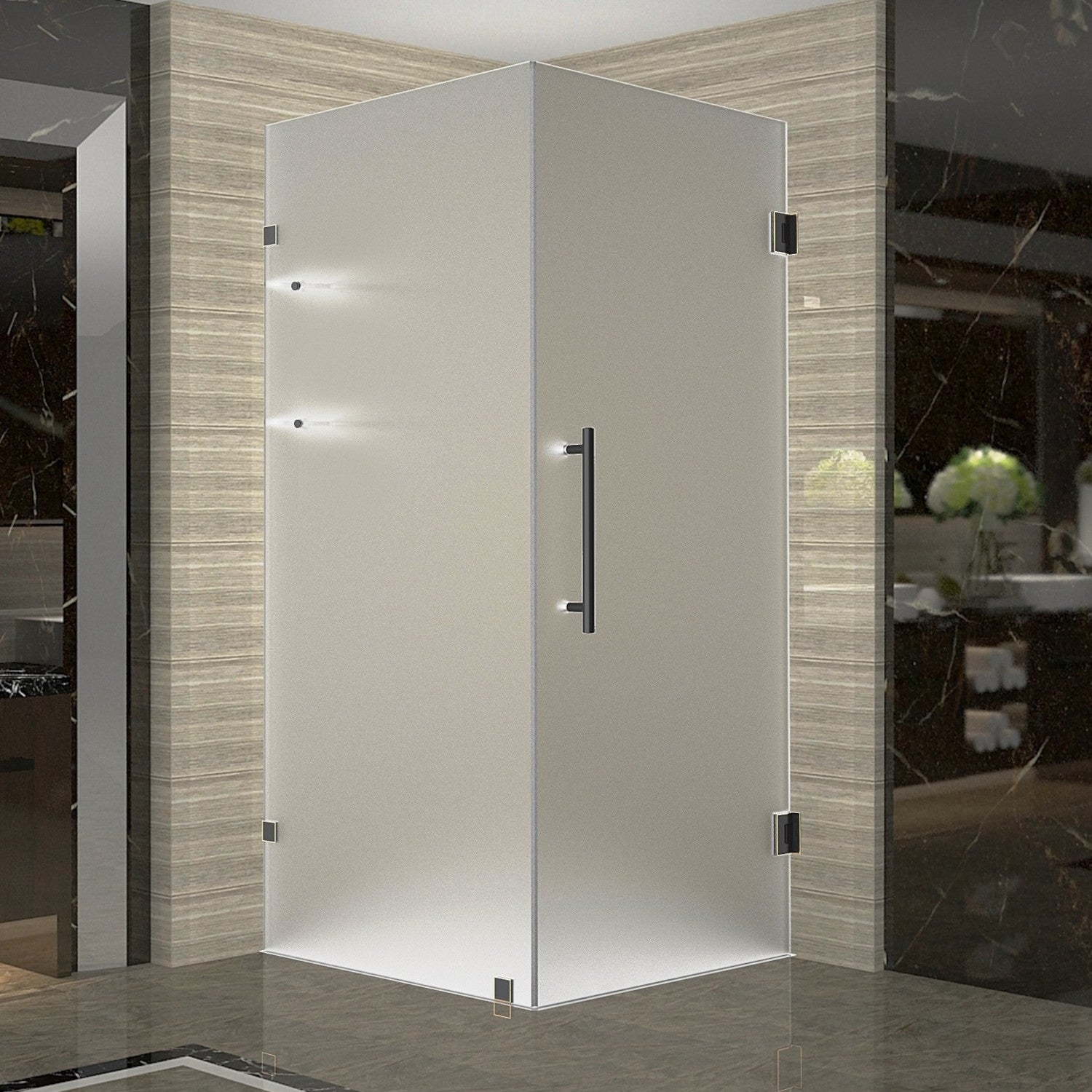 Aquadica GS 30 in. W x 30 in. D x 72 in. H Frameless Hinged Shower Enclosure with Frosted Glass and Glass Shelves in Oil Rubbed Bronze 1