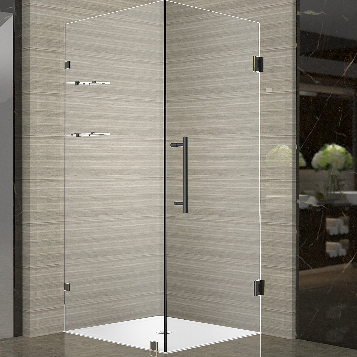 Aquadica GS 34 in. W x 34 in. D x 72 in. H Frameless Hinged Shower Enclosure with Clear Glass and Glass Shelves in Oil Rubbed Bronze 1