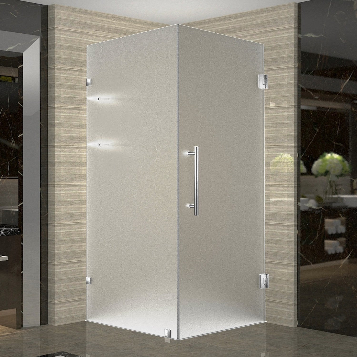 Aquadica GS 34 in. W x 34 in. D x 72 in. H Frameless Hinged Shower Enclosure with Frosted Glass and Glass Shelves in Stainless Steel 1