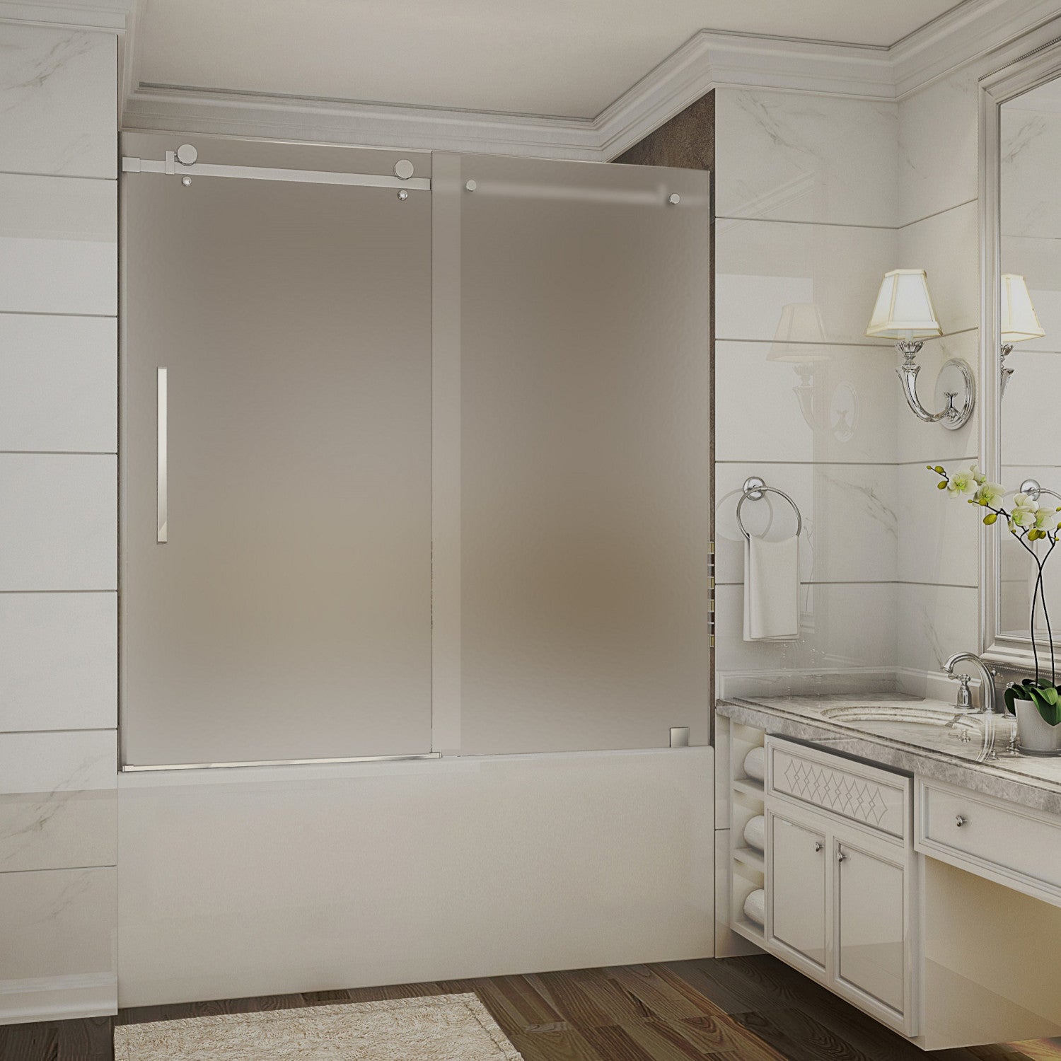 Moselle 56 in. to 60 in. W x 60 in. H Frameless Sliding Tub Door with Frosted Glass in Stainless Steel 1