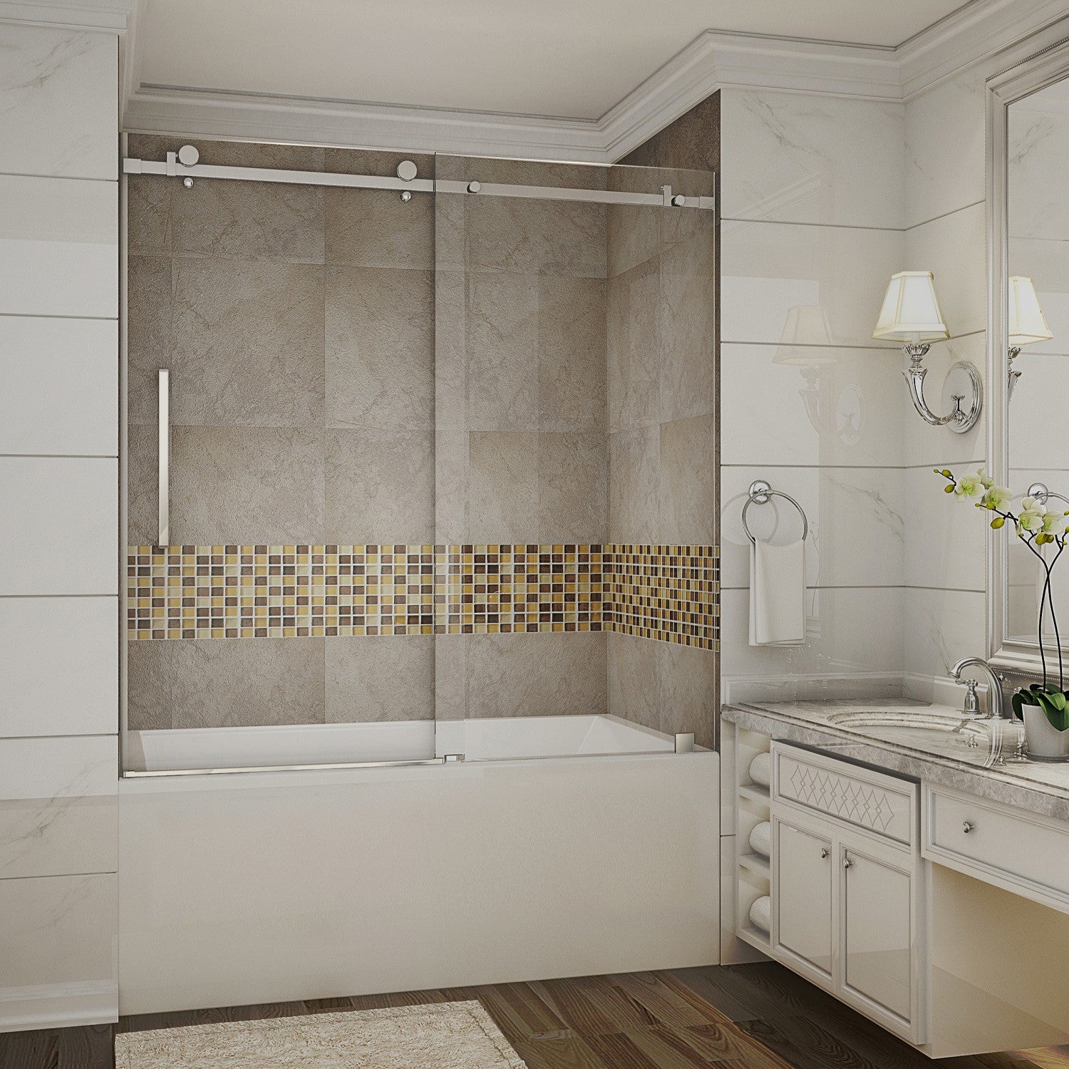 Moselle 56 in. to 60 in. W x 60 in. H Frameless Sliding Tub Door with Clear Glass in Stainless Steel 1