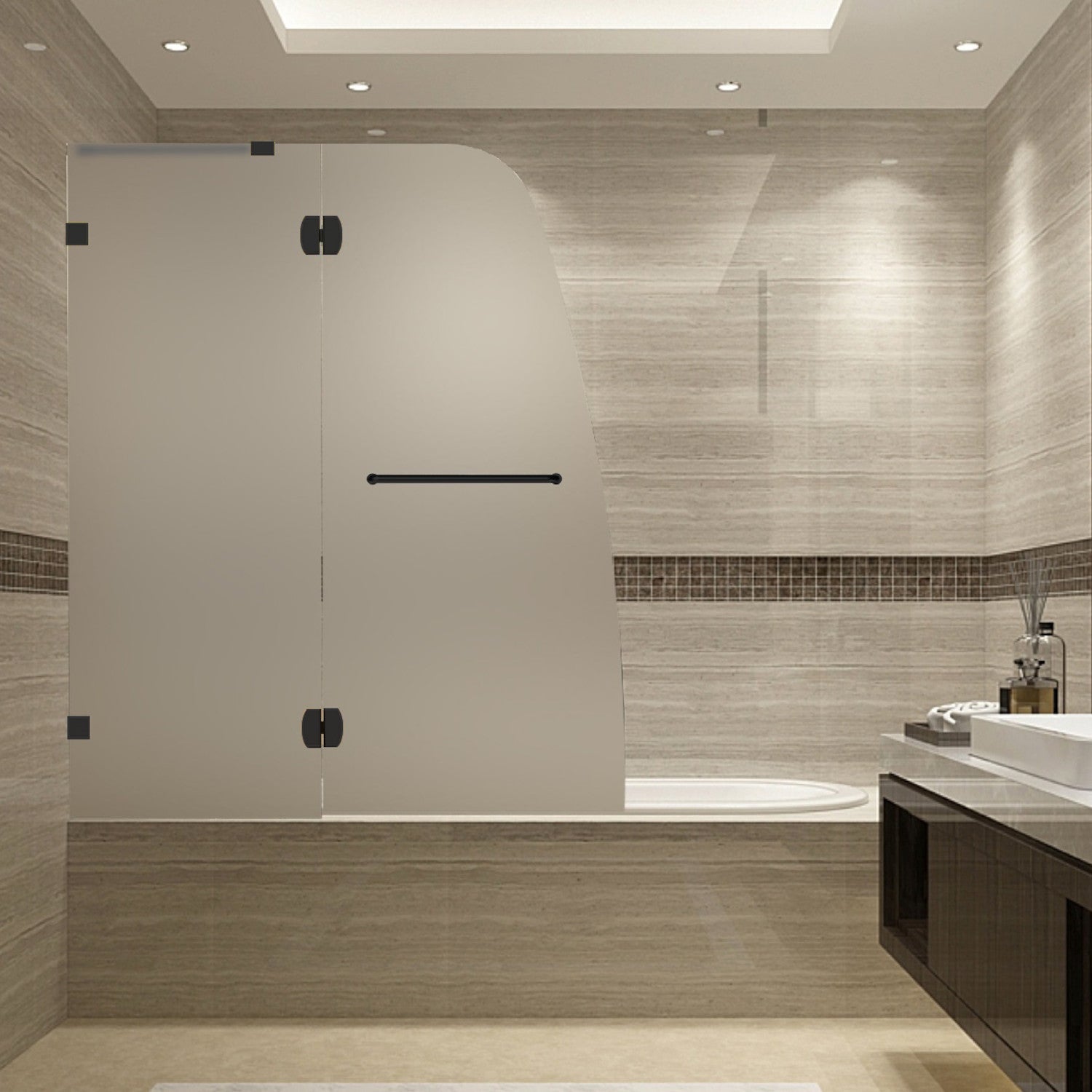 Soleil 48 in. W x 58 in. H Frameless Hinged Tub Door with Frosted Glass in Matte Black 1