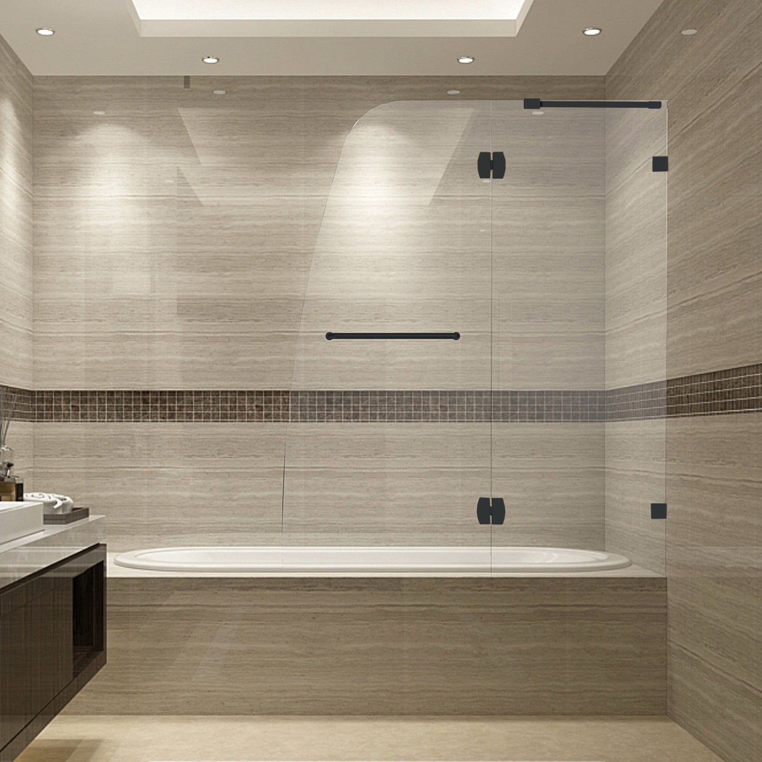 Soleil 48 in. W x 58 in. H Frameless Hinged Tub Door with Clear Glass in Matte Black 1