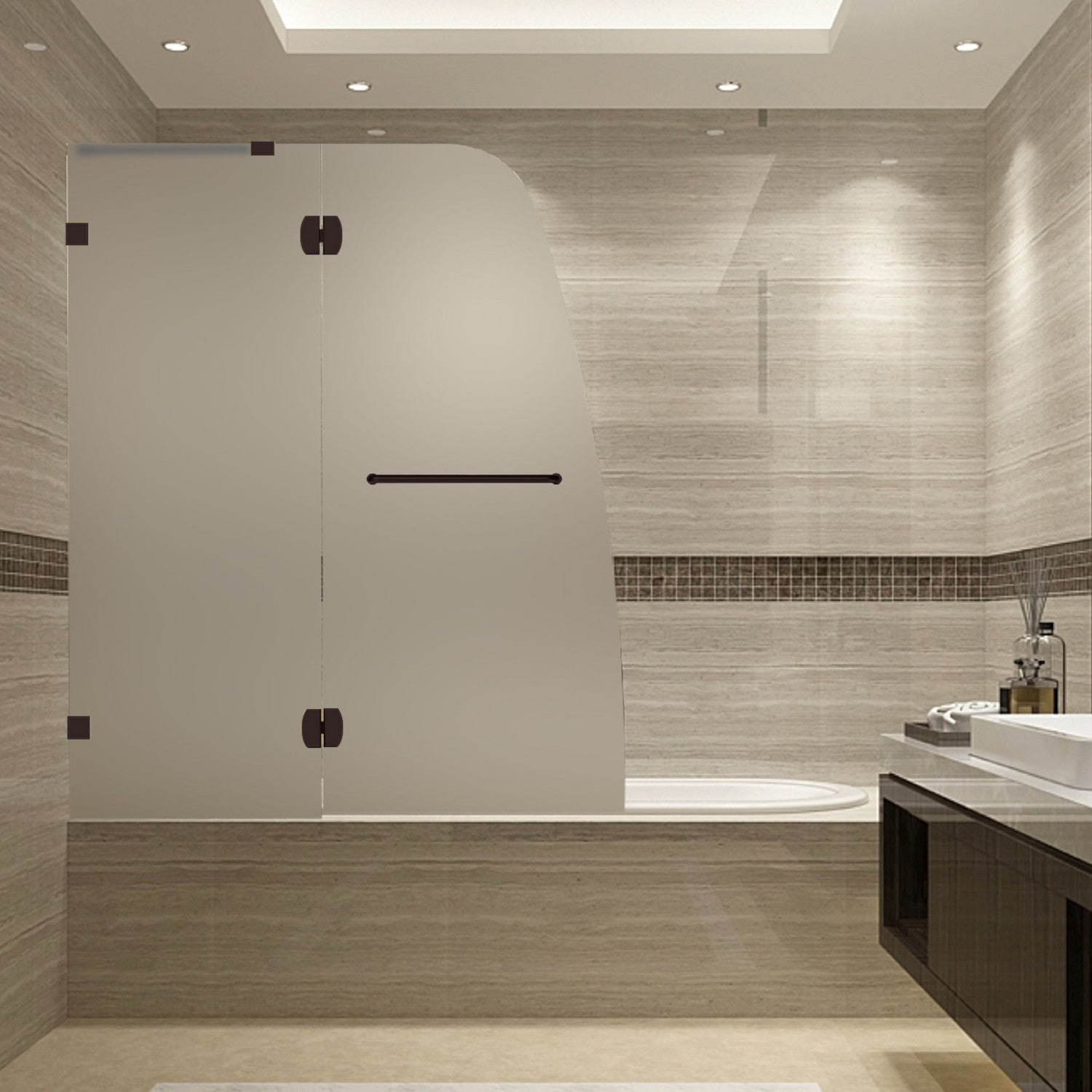 Soleil 48 in. W x 58 in. H Frameless Hinged Tub Door with Frosted Glass in Bronze 1