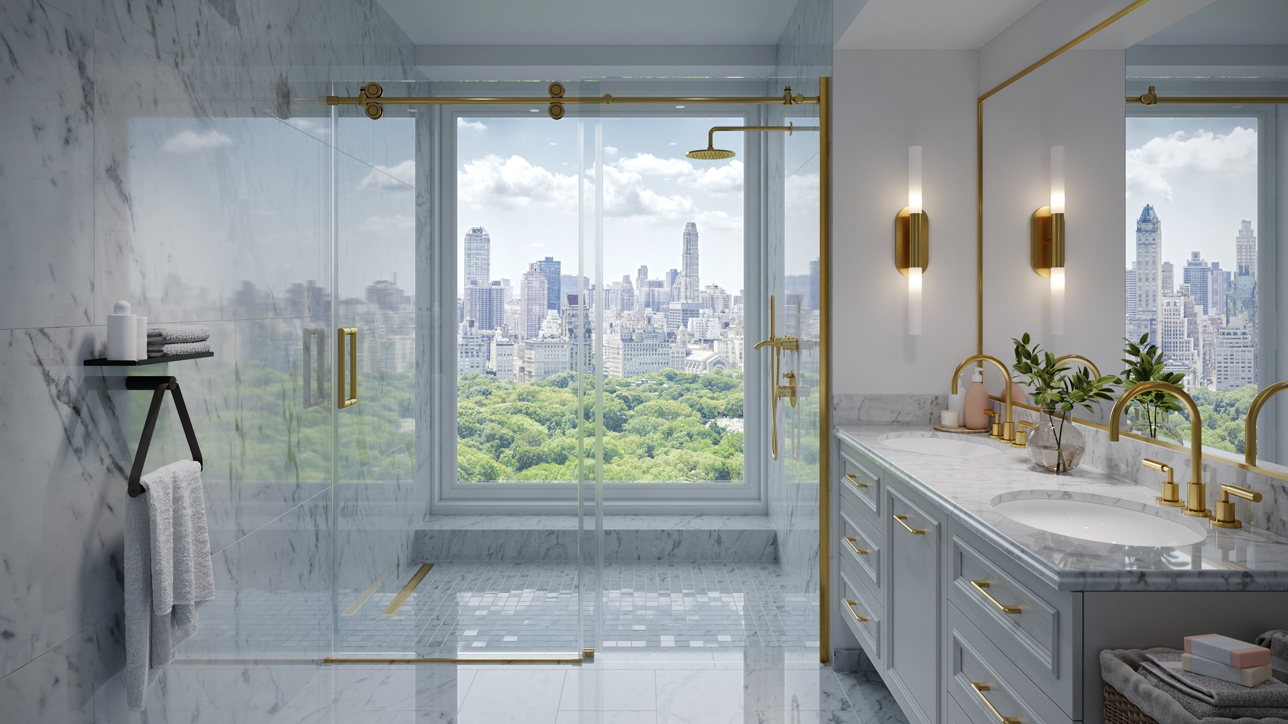 Spacious Shower with a Frameless Sliding Shower Door From Aston Bath